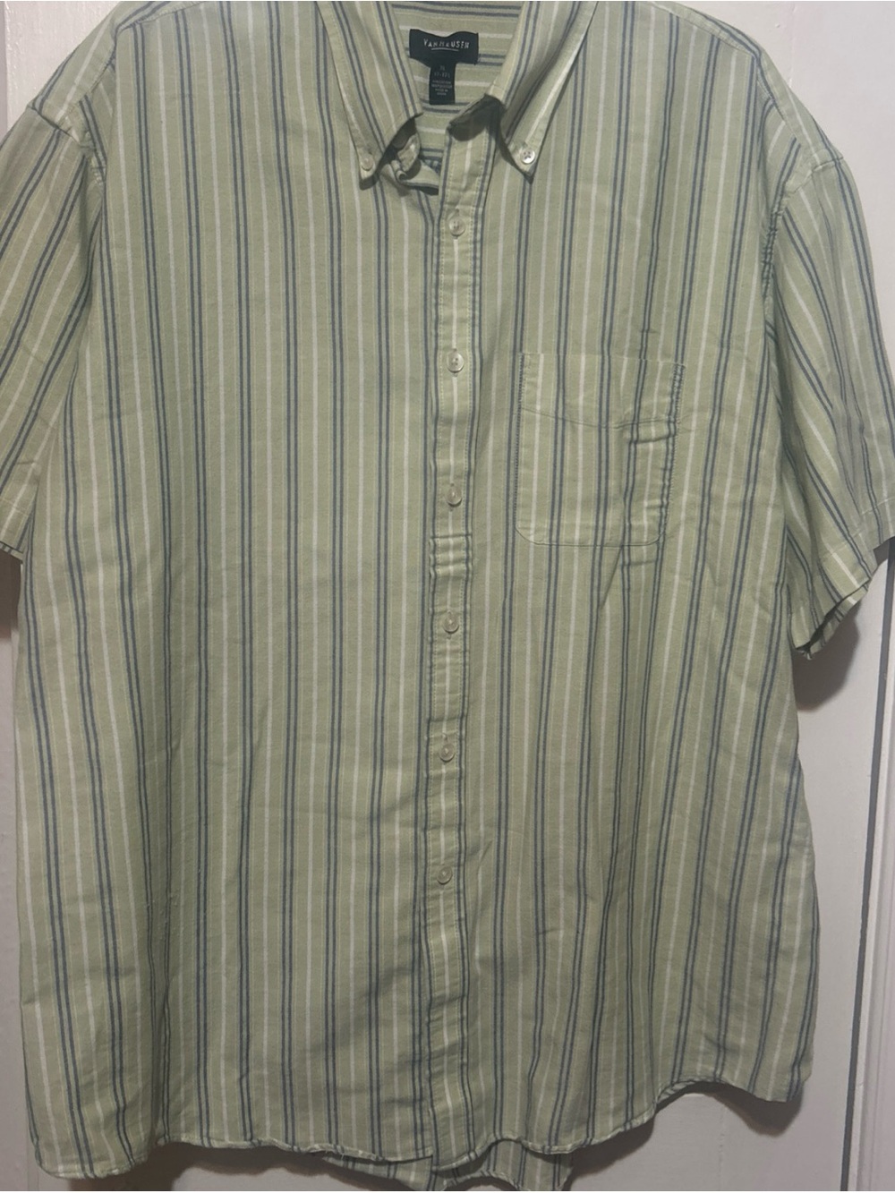 Van Heusen Green and Blue Vertical Stripe Short Sleeve Button-Down Shirt